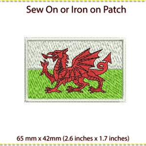 May include: An embroidered patch featuring a red dragon on a white and green background. The patch measures 6.5 cm by 4.2 cm and can be sewn or ironed onto fabric.