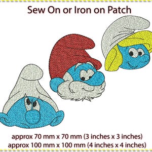 May include: Embroidered patches featuring three Smurf characters. The patches are blue with white, red, and yellow accents. The text "Sew On or Iron on Patch" is at the top. The patches are approximately 3 inches x 3 inches and 4 inches x 4 inches.
