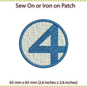 May include: A blue number "4" embroidered on a white circular patch. The patch is 6.5 cm by 6.5 cm and can be sewn or ironed onto fabric.