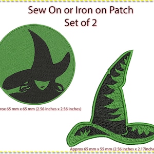 May include: A set of two sew-on or iron-on patches. One is a black witch hat silhouette on a green circle, approx. 65 mm x 65 mm. The other is a black witch hat, approx. 65 mm x 55 mm, with green detailing. Text reads "Sew On or Iron on Patch Set of 2".