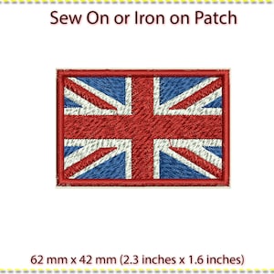 May include: Sew-on or iron-on patch featuring the Union Jack flag in red, white, and blue. The patch measures 2.3 inches by 1.6 inches.