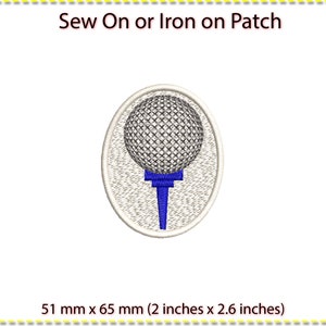 Puede incluir: Parche blanco para planchar o coser con un diseño de bola de golf y tee. La bola de golf es blanca con una superficie con hoyuelos grises. El tee es azul. El parche mide 51 mm x 65 mm.