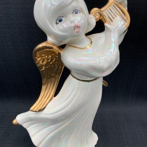 Large Vintage Angel Girl Harp Figurine Atlantic Mold, Betlar Collectible, Cherub Statue Decor, Musical Angel, Home Decor Accent