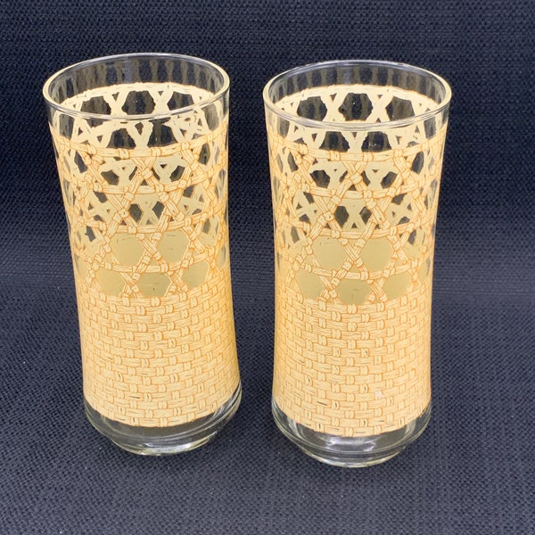 Vintage Yellow Rattan Woven Cane Drinking Glasses - Set of 2, Boho Drinkware, Retro Glassware Set