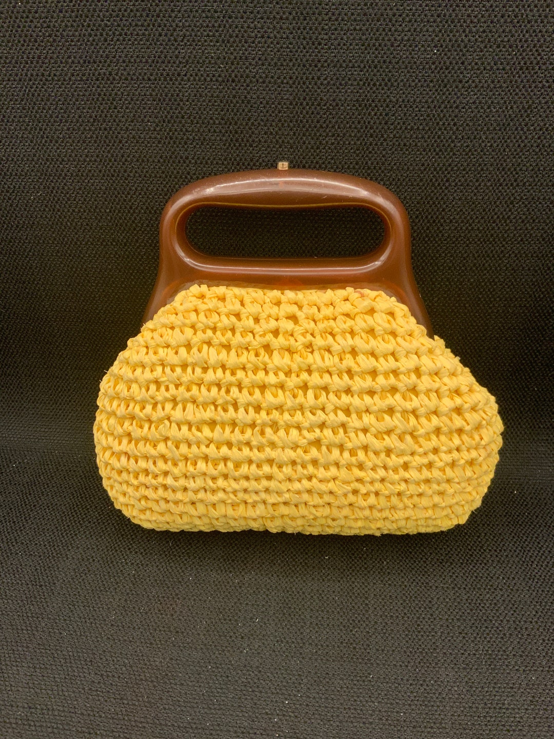 Yellow Raffia Wooden Handle Vintage Grab Bag, Boho Beach Bag, Summer ...