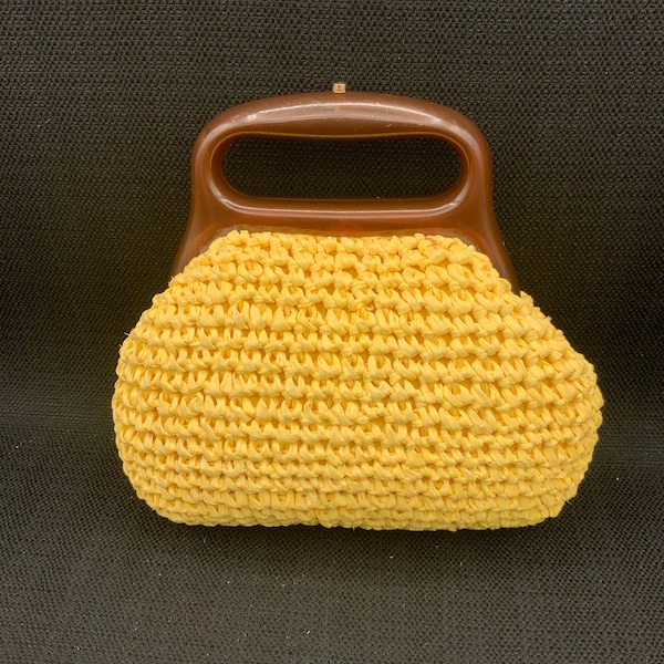 Yellow Raffia Wooden Handle Vintage Grab Bag, Boho Beach Bag, Summer Tote, Straw Purse, Retro Handbag