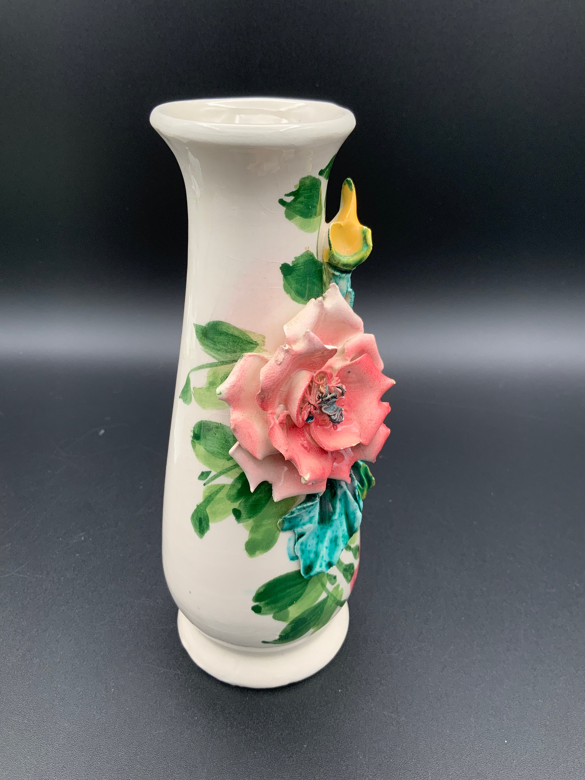 手描きイタリア製磁器花瓶、セラミックローズ、シャビーシックな装飾