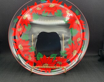Poinsettia Glass Christmas Serving Platter, Holiday Kitchen,   – 13" Holiday Decor