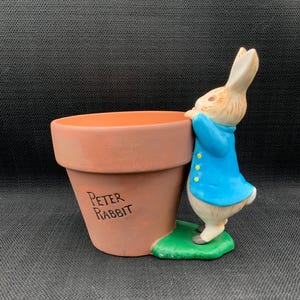 Puede incluir: Una maceta de cerámica con las palabras "Peter Rabbit" en el lateral. Una figura de Peter Rabbit con una chaqueta azul se apoya en la maceta. La maceta es marrón y Peter Rabbit está sobre un trozo de hierba verde.