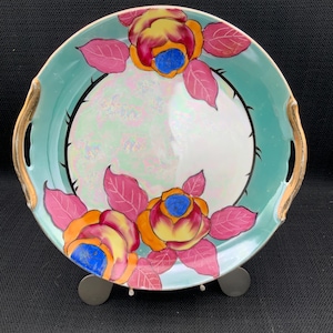 Lusterware Plate with Pink Flowers, Iridescent Plate, Gold Handles Plate, Vintage Japan, Collectible Dish