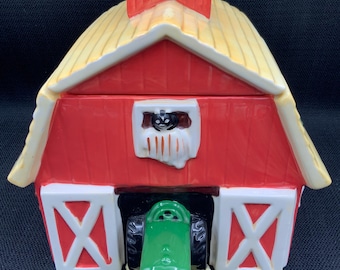 Vintage Gibson John Deere Ceramic Cookie Jar Ceramic Kitchen Cookie Jar Green Tractor Barn Cookie Jar