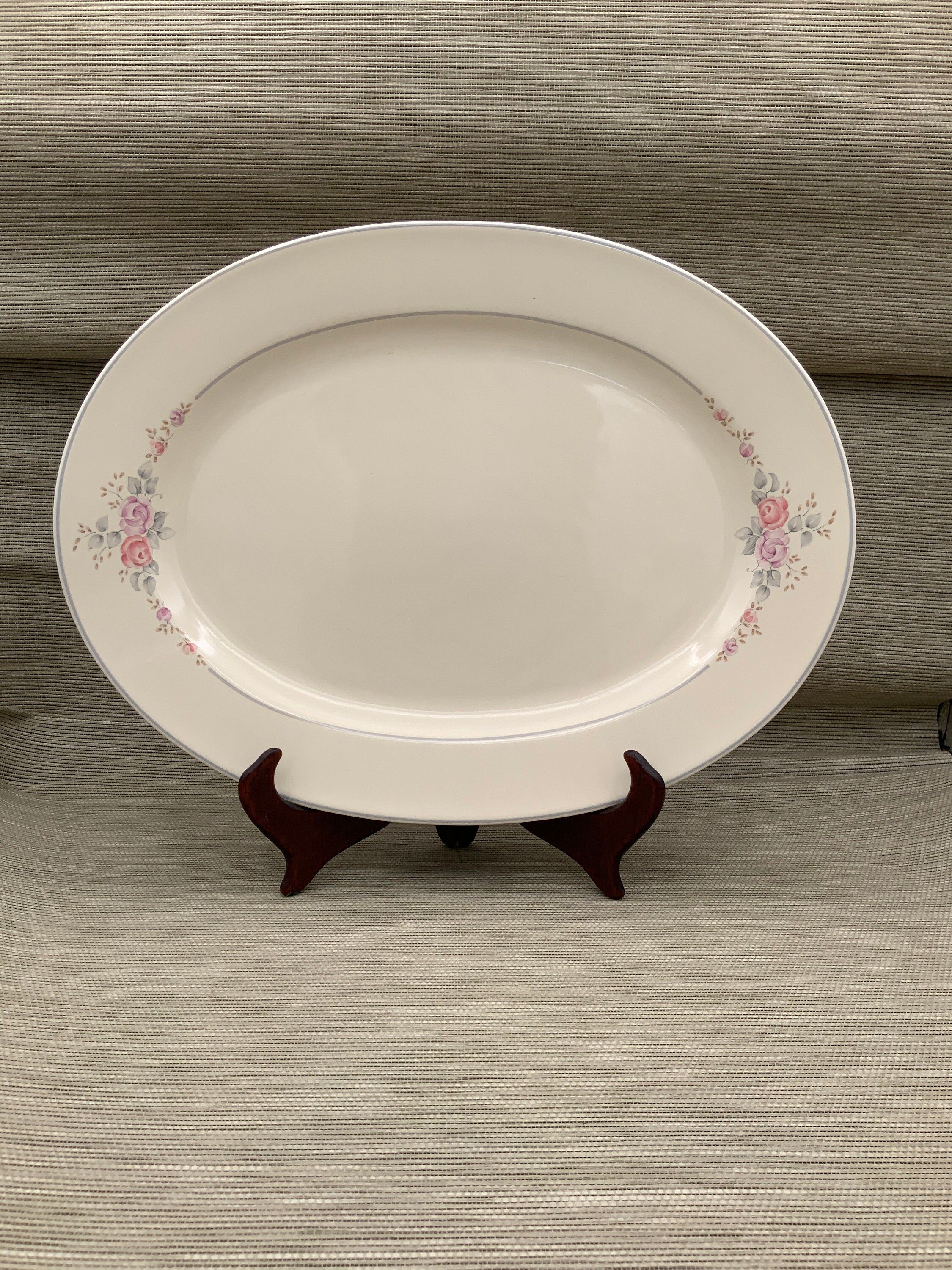 Vintage PFALTZGRAFF Ivory White Blue Striped Edge Floral Pattern