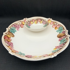 Lefton Chip and Dip Bowl Della Robia, Vintage Serving Dish, Party Platter, Ceramic Bowl Set, Retro Kitchen Decor