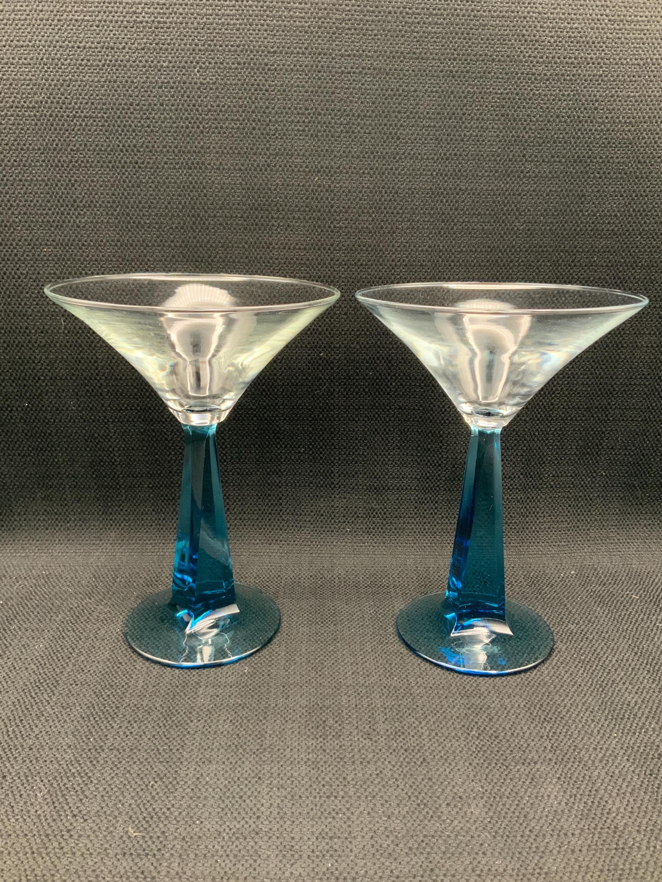 Vintage Bombay Sapphire Martini Glasses: Twisted Blue Stem Barware - Set of 2