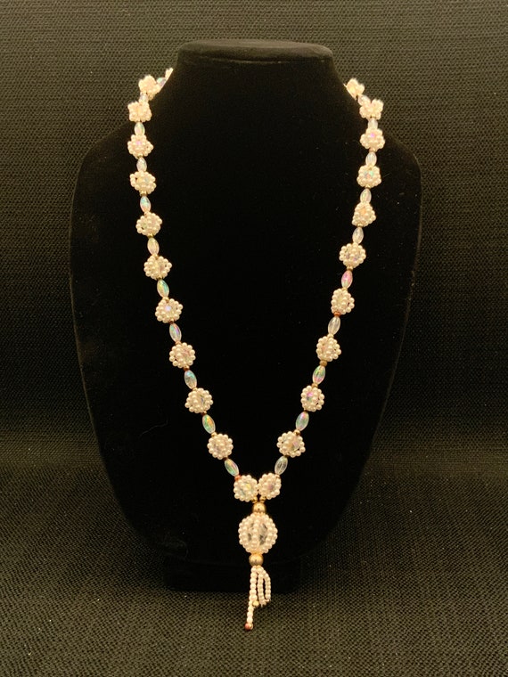 White Beaded Necklace, Elegant Bead Strand, Simple