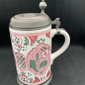 German Faience Beer Stein: Floral Pewter Lid, 1L Collectible Mug