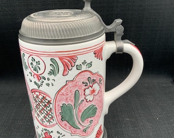 German Lidded Beer Stein, Faience Floral 18th-Century Style, 1L Capacity, Authentic German Stein, Collectible Beer Mug