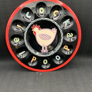 Becky Denny Ceramic Deviled Egg Plate: &quot;Cockadoodledoo&quot; Hen Platter