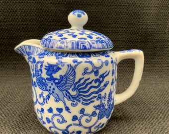 Vintage Japanese Porcelain Creamer, Blue Flying Phoenix Pattern, Sugar Bowl