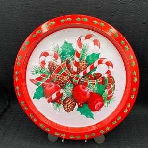 Christmas Bear Family Cartoon Metal Tray Platter, 13&quot; Round Decor, Unbranded Tin, Holiday Table Centerpiece, Santa And Goose, Cookie Tray