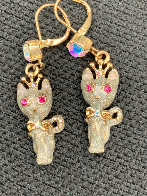 Betsey Johnson Cat Crown Earrings, Silver Glitter 