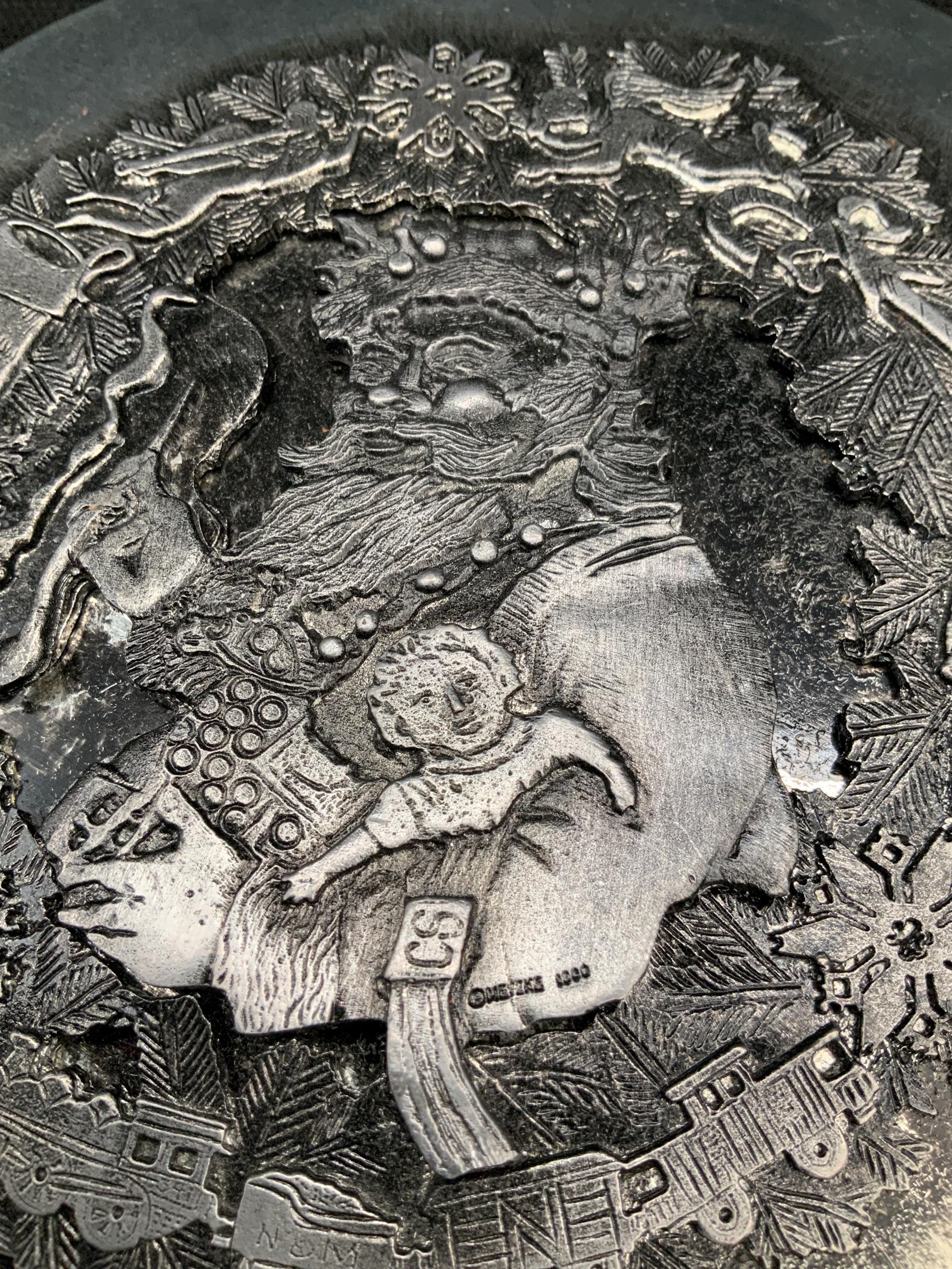 Vintage Metzke Christmas Pewter Cookie Tin, Santa Wreath Design