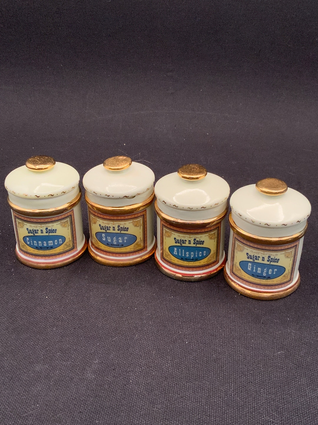Vintage Ceramic Spice Jars, Set of 4, Kitchen Storage, Herb Containers