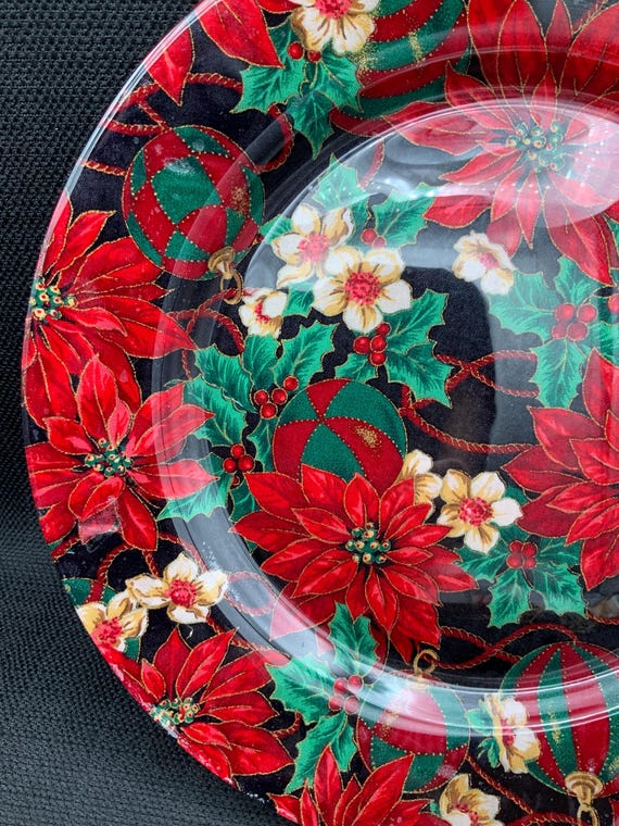 ポインセチアのファブリックガラスプレート、ホリデーサービングトレイ