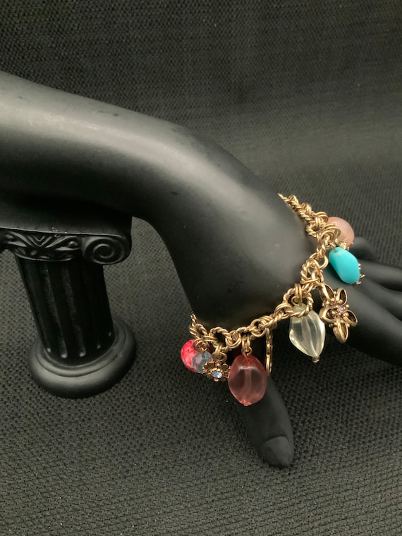 Vintage Gold Tone Glass Bead Charm Bracelet, Retr… - image 2