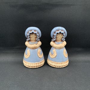 Rag Doll Salt and Pepper Shakers, Button Eyes Bonnett, Retro Kitchen Decor