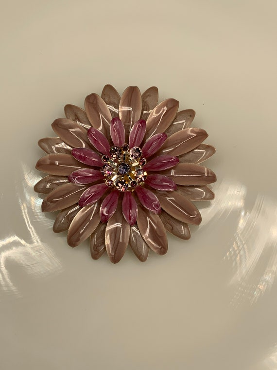 Vintage Enamel Rhinestone Flower Brooch Pin, Larg… - image 3