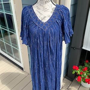 Vintage Blue Cotton Caftan Maxi Dress: 80s Metallic Gold Bohemian Style