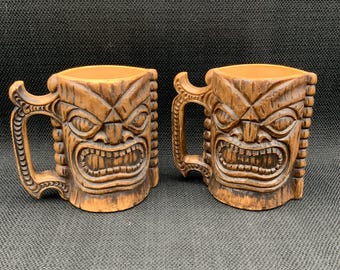 Tiki Mug Set from Kona Coffee Mill, Hawaii Vintage Mugs, Hawaiian Tiki Collectibles, Coffee Mug Set, Hawaiian Mug Collection