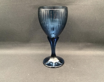 Fostoria Monet Dark Blue Goblet , Ribbed Bowl & Hex Stem, Iced Tea Glasses, Tall Stemware