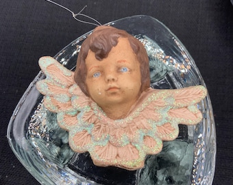 Hand Painted Ceramic Cherub Head Tree Ornament, Vintage Christmas Decor, Holiday Decoration, Angel Ornament
