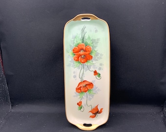 Hand‑Painted Poppy Ceramic Tray- Vintage Floral Dish, Made in Japan- Botanical Dish