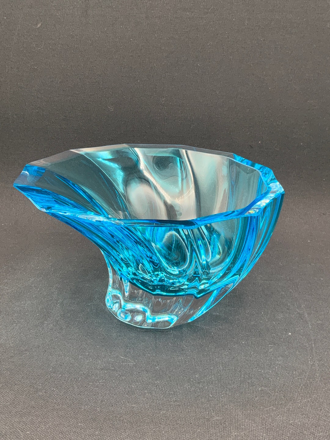 Vintage Aqua Glass Bowl, Mid Century Glass Dish, Heavy Glass