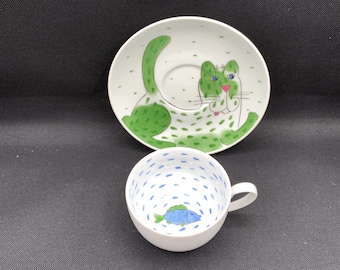 Helina Tilk Style Hand‑Painted Teacup & Saucer, Estonian Art Pottery, Artistic Tableware