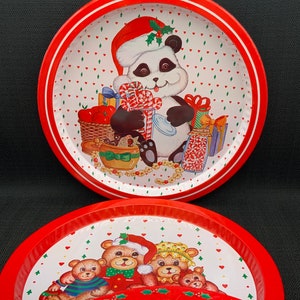 Plateau de Noël vintage des années 1980 : plateau de service des fêtes avec un ours panda