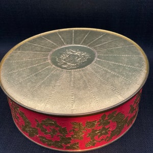 Vintage 1960s Embossed Floral Tin: Red & Gold Knight&#39;s Crest
