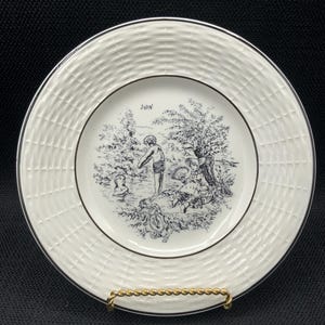 Vintage French Porcelain Plate: June Scene, Basket Weave Border
