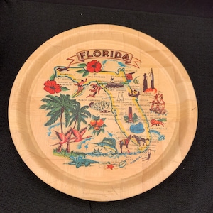 Vintage Florida State Souvenir Bambustablett - Bunt bemalte runde Barware Servierplatte / Teller