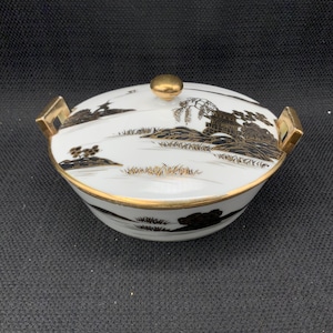 Nippon Hand Painted Japanese Landscape Gilded Butter Dish, Cheese Dish, Covered Dish, Vintage Kitchen Decor, Japanese Tableware
