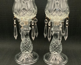 Pair of Crystal Pillar Candle Hurricane Lamps with Globes Fan and Criss Cross pattern  candle holders candlesticks