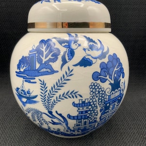 Bristol Pottery Blue Willow Jar, Vintage England Jar, Collectible R. Twining & Co, Tea Storage, Blue Ceramic