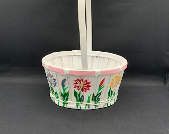 Vintage Wicker Easter Basket with Hand-Painted Pastel Flowers