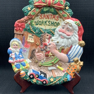 Fitz and Floyd Santa&#39;s Workshop Plate, Santa Claus Canape Plate, Christmas Appetizer Plate, Festive Serving Tray, Holiday Party Decor