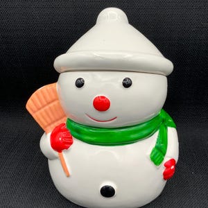 Vintage Hand Painted Snowman Cookie Jar, Lidded Cookie Jar, Snowman Decor, Holiday Kitchen Decor, Winter Decoration