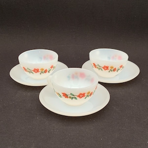 Vintage French Arcopal Cups and Saucers, Floral Design, Red Flower, Anemone Design, Gift, Child, Farmhouse Kitchen, Tea Time, Valentines Day