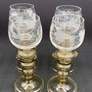 Fritz Heckert Hock Wine Roemers, Set of Four, Fruiting Vine Design, Decorative Glasses, Collectible Stemware,  Wine Tasting Accessories